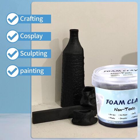 طين رغوي للتشكيل، 500 جرام طين أسود ناعم جاف بالهواء للبالغين، خفيف الوزن، لوازم فنية إبداعية ذاتية الصنع مع أدوات النحت، مناسب للحفلات التنكرية/الحرف اليدوية/التصميم/التشكيل in Kuwait