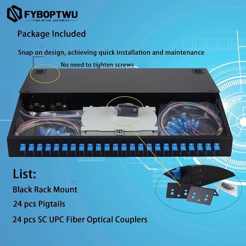 FYBOPTWU-24 Singlemode 24 Port SC-UPC Fiber Optic Rack Mount Enclosure Box & Splice Trays Fiber Cables Kit (Include Pigtail & Couplers), 24 Core LGX Loaded Patch Panel Box fits for 19" Racks Cabinet in Kuwait