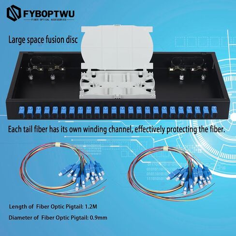 FYBOPTWU-24 Singlemode 24 Port SC-UPC Fiber Optic Rack Mount Enclosure Box & Splice Trays Fiber Cables Kit (Include Pigtail & Couplers), 24 Core LGX Loaded Patch Panel Box fits for 19" Racks Cabinet in Kuwait