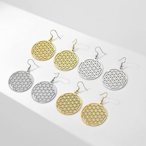 Amaxer Flower of Life Seed of Life Mandala Sacred Geometry Protection Statement Hollowed Out Pendant Charm Drop Dangle Earrings (style 2, gold) in Saudi Arabia