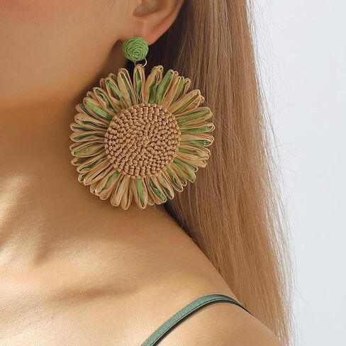 Raffia Dangle Earrings Sunflower Raffia Straw Wrapped Dangle Earrings Summer Rattan Statement Earrings Jewelry for Women Girls in Saudi Arabia