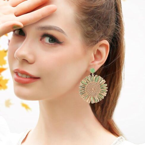 Raffia Dangle Earrings Sunflower Raffia Straw Wrapped Dangle Earrings Summer Rattan Statement Earrings Jewelry for Women Girls in Saudi Arabia