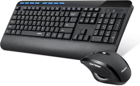 EagleTec KM130 مجموعة ماوس لوحة مفاتيح لاسلكية كاملة الحجم مع مسند راحة اليد، مستقبل USB لاسلكي 2.4 جيجا هرتز للكمبيوتر الشخصي والكمبيوتر المحمول in Kuwait