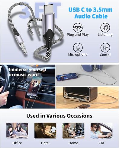 سلك iPhone 15 AUX، 2 حزمة USB C إلى 3.5 مم كابل مقبس صوت Aux، محول مقبس سماعة الرأس 3.3 قدم كابل صوت ستيريو Aux ذكر لهاتف iPhone 15 Pro Max 15 Plus، Galaxy S23 S22 S21 S20 Note 20، Pixel، iPad Pro in Kuwait