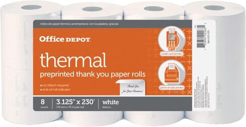 Office Depot Thermal Preprinted Paper Rolls, 3 1/8in. x 230ft., White, Pack Of 8, 615225 in Saudi Arabia