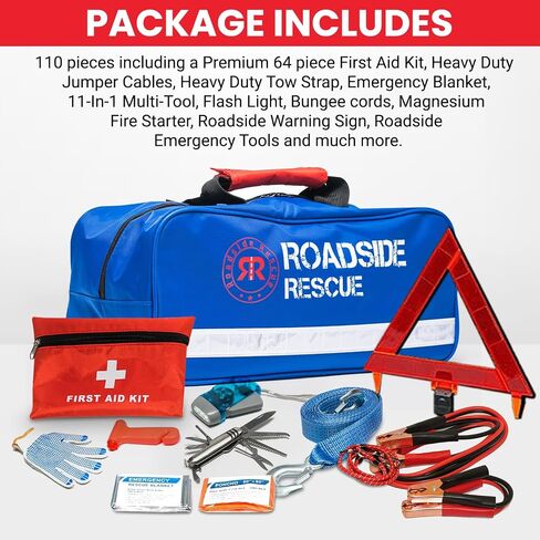 Roadside Emergency Assistance Car Kit - Packed 110 Premium Pieces & Rugged Bag - Car, Truck & RV • Auto Emergency Safety Kit with Heavy Duty Jumper Cables • HD Tow Strap • Safety Triangle • First Aid in Saudi Arabia