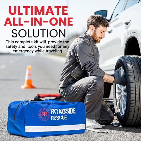 Roadside Emergency Assistance Car Kit - Packed 110 Premium Pieces & Rugged Bag - Car, Truck & RV • Auto Emergency Safety Kit with Heavy Duty Jumper Cables • HD Tow Strap • Safety Triangle • First Aid in Saudi Arabia