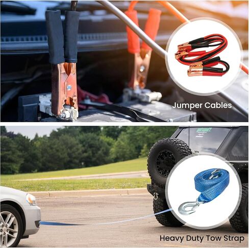 Roadside Emergency Assistance Car Kit - Packed 110 Premium Pieces & Rugged Bag - Car, Truck & RV • Auto Emergency Safety Kit with Heavy Duty Jumper Cables • HD Tow Strap • Safety Triangle • First Aid in Saudi Arabia