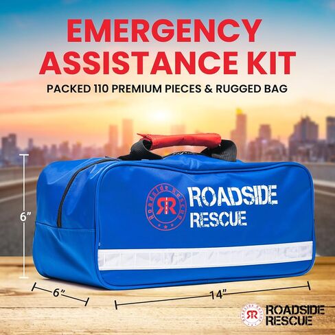 Roadside Emergency Assistance Car Kit - Packed 110 Premium Pieces & Rugged Bag - Car, Truck & RV • Auto Emergency Safety Kit with Heavy Duty Jumper Cables • HD Tow Strap • Safety Triangle • First Aid in Saudi Arabia