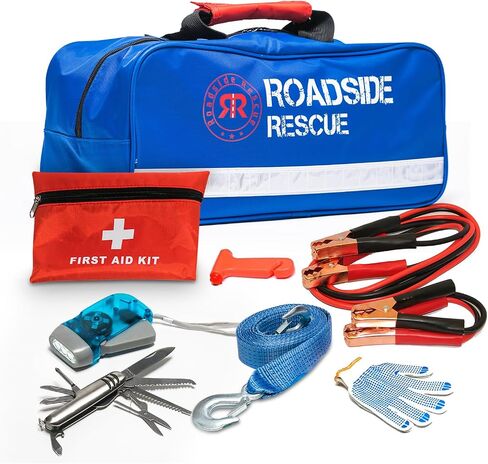 Roadside Emergency Assistance Car Kit - Packed 110 Premium Pieces & Rugged Bag - Car, Truck & RV • Auto Emergency Safety Kit with Heavy Duty Jumper Cables • HD Tow Strap • Safety Triangle • First Aid in Saudi Arabia