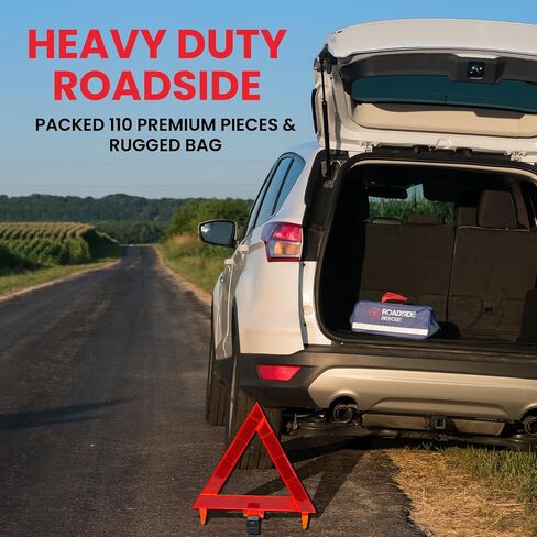 Roadside Emergency Assistance Car Kit - Packed 110 Premium Pieces & Rugged Bag - Car, Truck & RV • Auto Emergency Safety Kit with Heavy Duty Jumper Cables • HD Tow Strap • Safety Triangle • First Aid in Saudi Arabia