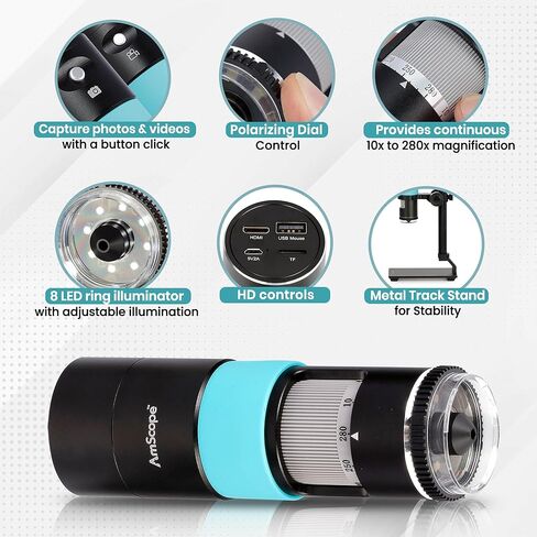 مجهر HDMI رقمي مستقطب الكل في واحد من AmScope 2.1 ميجابكسل مع تكبير 10X-280X وإضاءة LED وحامل معدني للفحص الصناعي والتصنيع والهوايات HHD2100HD-P in Kuwait