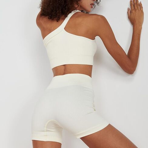Workout Outfits for Women 2 Piece Seamless One Shoulder Sexy Bra High Waist Yoga Running Shorts in Saudi Arabia