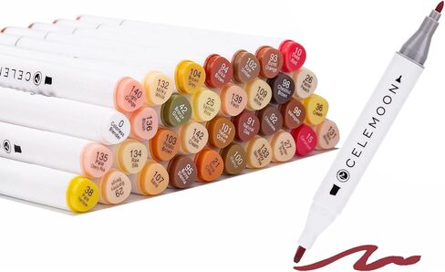 36 لونًا من أقلام تحديد الكحول ذات الرأس المزدوج، إزميل رفيع وواسع، قلم رسم فني للتلوين والرسم وتوضيح الصور الشخصية ولون البشرة متوسط ​​اللون وظلال الشعر، أبيض in Kuwait