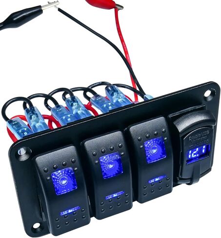 لوحة مفاتيح هزازة 3 عصابة مع الفولتميتر LED وواجهة شحن USB مزدوجة 4.8 أمبير، مفتاح تشغيل/إيقاف ألومنيوم مقاوم للماء 12 فولت - 24 فولت لسيارة شاحنة قارب بحري UTV ATV، ضوء أزرق + سطح أسود in Kuwait