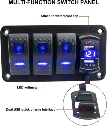 لوحة مفاتيح هزازة 3 عصابة مع الفولتميتر LED وواجهة شحن USB مزدوجة 4.8 أمبير، مفتاح تشغيل/إيقاف ألومنيوم مقاوم للماء 12 فولت - 24 فولت لسيارة شاحنة قارب بحري UTV ATV، ضوء أزرق + سطح أسود in Kuwait