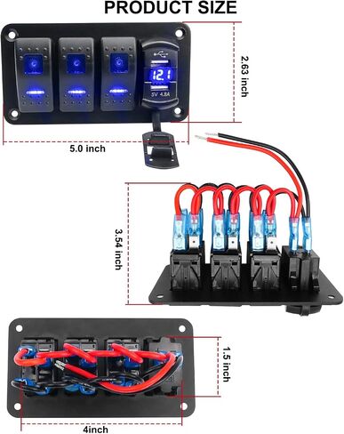 لوحة مفاتيح هزازة 3 عصابة مع الفولتميتر LED وواجهة شحن USB مزدوجة 4.8 أمبير، مفتاح تشغيل/إيقاف ألومنيوم مقاوم للماء 12 فولت - 24 فولت لسيارة شاحنة قارب بحري UTV ATV، ضوء أزرق + سطح أسود in Kuwait