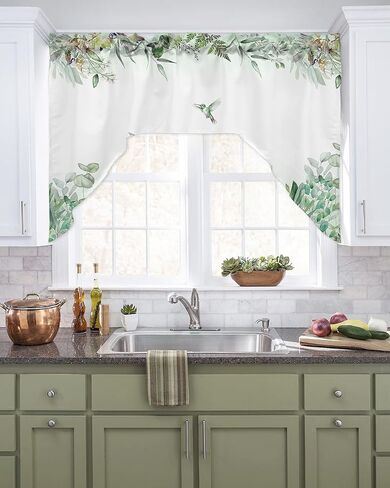 Green Eucalyptus Kitchen Curtains Swag Valance and Tier Curtains Set 24 Inch Length, Animal Bird Botanical Plant Herb Rod Pocket Drape Panels Pair Swag Curtains for Bathroom/Cafe/Window in Saudi Arabia
