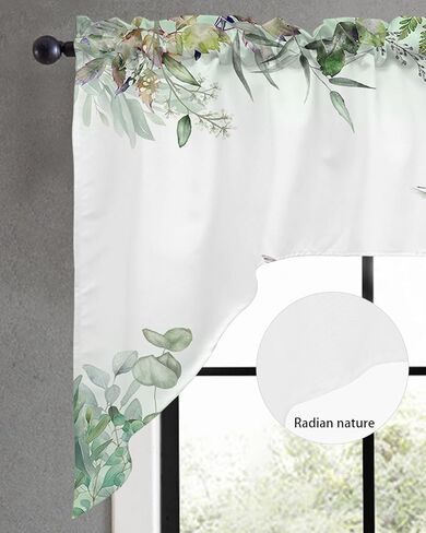 Green Eucalyptus Kitchen Curtains Swag Valance and Tier Curtains Set 24 Inch Length, Animal Bird Botanical Plant Herb Rod Pocket Drape Panels Pair Swag Curtains for Bathroom/Cafe/Window in Saudi Arabia