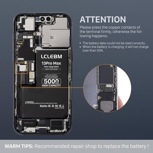 بطارية LCLEBM [5000 مللي أمبير] لهاتف iPhone 13 Pro Max، 2024 جديدة 0 دورة استبدال بطارية ذات سعة أعلى لهاتف iPhone 13 Pro Max موديل A2645، A2644، A2643، A2641، A2484 مع مجموعات أدوات إصلاح كاملة in Kuwait