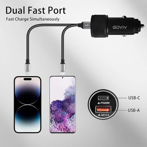 USB C Car Charger, 38W iPhone Car Charger Fast Charging Metal Fast USB Car Charger Adapter PD20W&QC3.0 18W Compatible with iPhone and Android Phone and Tablets (Black) in Saudi Arabia