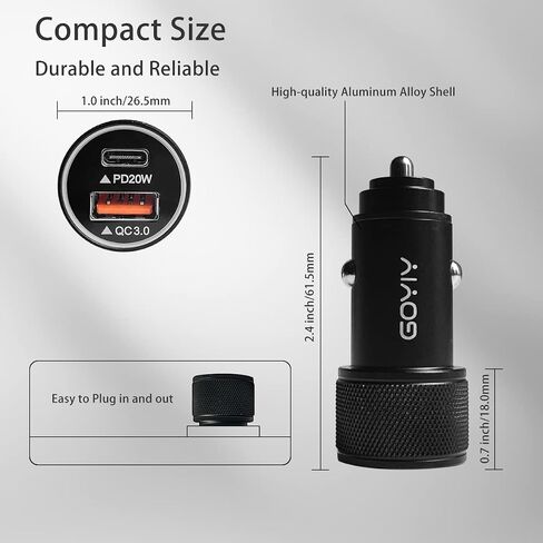 USB C Car Charger, 38W iPhone Car Charger Fast Charging Metal Fast USB Car Charger Adapter PD20W&QC3.0 18W Compatible with iPhone and Android Phone and Tablets (Black) in Saudi Arabia
