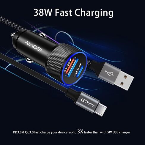USB C Car Charger, 38W iPhone Car Charger Fast Charging Metal Fast USB Car Charger Adapter PD20W&QC3.0 18W Compatible with iPhone and Android Phone and Tablets (Black) in Saudi Arabia