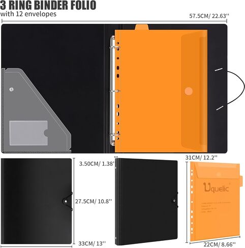 Uquelic 3 Ring Binder with 12 Binder Pocket Folders, Letter Size, Color Binder Pouch for Important Paper Files, Documents, Photos, Letters, Cards in Kuwait