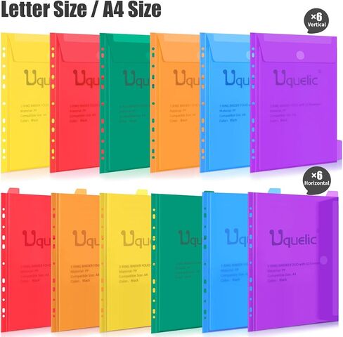 Uquelic 3 Ring Binder with 12 Binder Pocket Folders, Letter Size, Color Binder Pouch for Important Paper Files, Documents, Photos, Letters, Cards in Kuwait