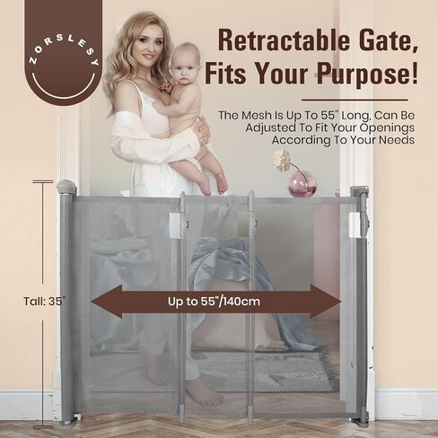 Retractable Baby Dog Gate for Stairs, Zorslesy 35" Tall Pet Child Mesh Gate Extends to 55" Wide, Long Child Safety Gates for Doorways, Hallways, Cat Gate Indoor/Outdoor (50" Wide35 Tall) in Saudi Arabia