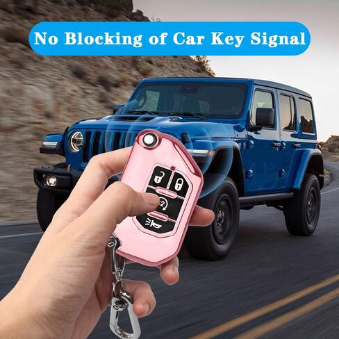 QBUC لغطاء مفتاح Jeep Fob مع سلسلة مفاتيح، واقي حافظة مفتاح قابل للطي مناسب لـ 2018-2024 Jeep Wrangler JLU JL 2020-2023 Jeep Gladiator Rubicon JT (وردي) in Kuwait