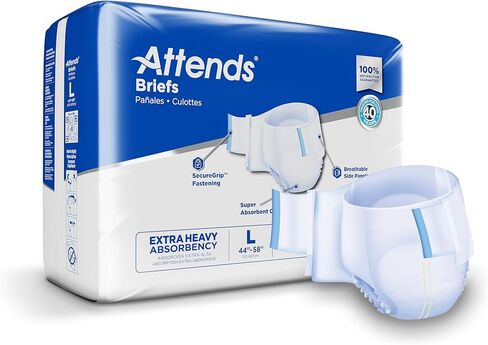 Attends Adult Incontinence Disposable Briefs, Medium, 32"-44" Waist with SecureGrip Tab Closure, Extra Heavy Absorbency with Super Absorbent Core and Breathable Side Panels, 96ct Bag in Kuwait