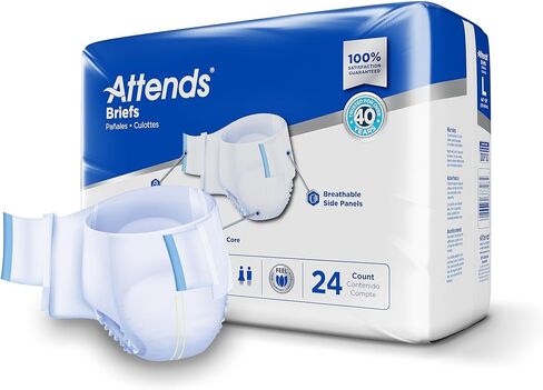 Attends Adult Incontinence Disposable Briefs, Medium, 32"-44" Waist with SecureGrip Tab Closure, Extra Heavy Absorbency with Super Absorbent Core and Breathable Side Panels, 96ct Bag in Kuwait