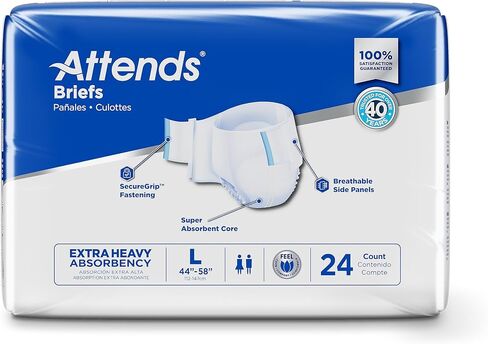 Attends Adult Incontinence Disposable Briefs, Medium, 32"-44" Waist with SecureGrip Tab Closure, Extra Heavy Absorbency with Super Absorbent Core and Breathable Side Panels, 96ct Bag in Kuwait