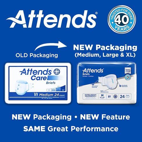 Attends Adult Incontinence Disposable Briefs, Medium, 32"-44" Waist with SecureGrip Tab Closure, Extra Heavy Absorbency with Super Absorbent Core and Breathable Side Panels, 96ct Bag in Kuwait