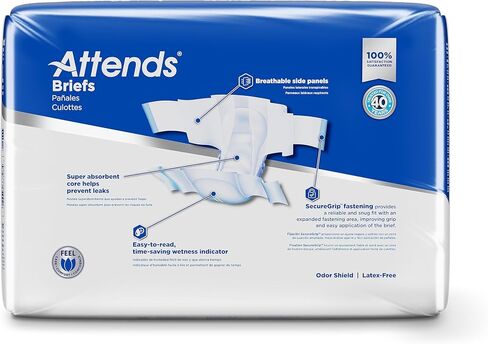 Attends Adult Incontinence Disposable Briefs, Medium, 32"-44" Waist with SecureGrip Tab Closure, Extra Heavy Absorbency with Super Absorbent Core and Breathable Side Panels, 96ct Bag in Kuwait