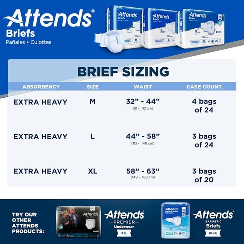 Attends Adult Incontinence Disposable Briefs, Medium, 32"-44" Waist with SecureGrip Tab Closure, Extra Heavy Absorbency with Super Absorbent Core and Breathable Side Panels, 96ct Bag in Kuwait