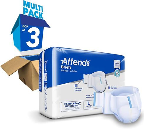 Attends Adult Incontinence Disposable Briefs, Medium, 32"-44" Waist with SecureGrip Tab Closure, Extra Heavy Absorbency with Super Absorbent Core and Breathable Side Panels, 96ct Bag in Kuwait