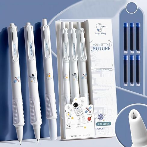 3Pcs Aesthetic Retractable Fountain Pens with 6Pcs Replaceable Blue Ink Cartridges Smooth Writing Quick-Drying Ink Nib Protector Suitable for Students and Adults in Kuwait