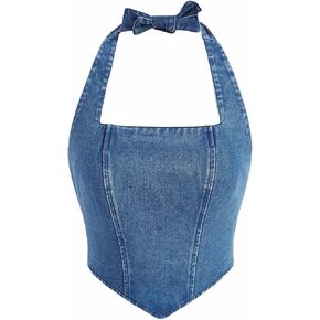 Verdusa Women's Tie Backless Asymmetrical Hem Halter Denim Crop Cami Top
