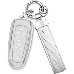 for Ford and for Lincoln Key fob Cover with Leather Keychain,Soft TPU 5 Buttons Key Shell,fit C-Max Edge Escape Expedition Explorer Flex Focus Taurus Remote car Key(Purple)