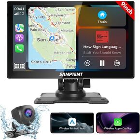 SANPTENT Portable Car Stereo Wireless Apple CarPlay, Android Auto, 9" FHD Touch Screen for Car, Mirror Link, Bluetooth, Drive Play, Siri, FM Transmitter, Car Audio Receivers, Rear Camera/AUX Input