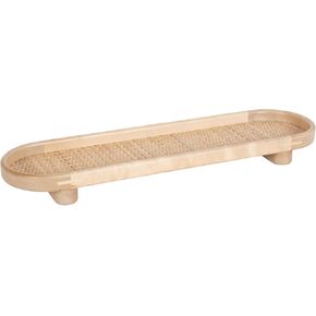 Kate and Laurel Planche Decorative Capsule Woven Tray with Solid Wood Frame, 27 x 8, Natural Brown, Modern Slim Wood Rectangle Serving Tray for Living Room in Saudi Arabia