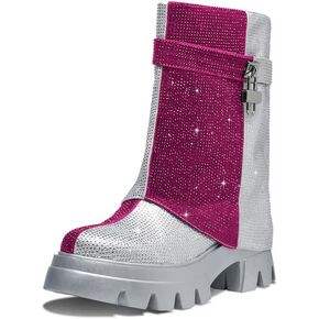 Rhinestone Platform Boots Mid Calf Sparkly Fold Over Booties With Round Toe and Zipper