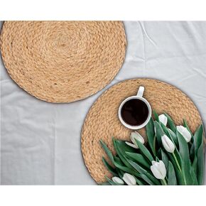 Natural Jute Placemat Set of 4 - Square 13 Inch Decorative Reversible Braided Hand Woven Charger for Dinner Table Décor Farmhouse Christmas Wedding Family Gathering Party and Everyday Use