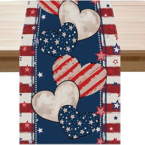 4th of July Table Runner Stripe Stars Heart Memorial Day Independence Day Patriotic America Table Decoration Home Kitchen Dining Indoor Holiday Farmhouse Decor 13x90 Inch