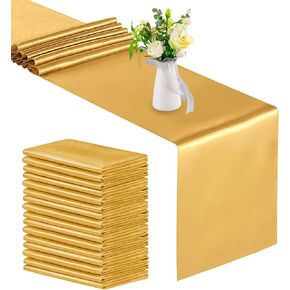 16 Pack Gold Satin Table Runners 12 x 108 Inches Satin Silk Table Runner for Rectangle Round Tables Wedding Birthday Parties Banquets Thanksgiving Christmas Graduations Decoration