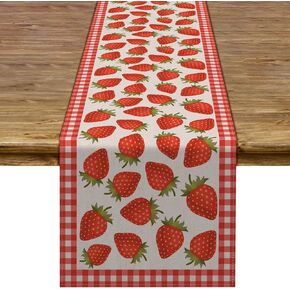 Strawberry Table Runner Buffalo Plaid Check Spring Summer Fruit Birthday Baby Shower Party Kitchen Dining Home Decoration (13" x 72")