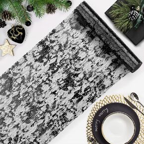 Black Table Runner 11''x192'', Sequin Glitter Metallic Foil Thin Mesh Table Runners Roll, Black Centerpiece Table Decor for Halloween Wedding Birthday Party Christmas Decorations