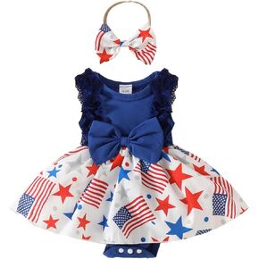 SOLILOQUY Baby Girls 4th of July Romper Dress Sleeveless Stars Stripes Print Jumpsuit with Headband Independence Day Clothes